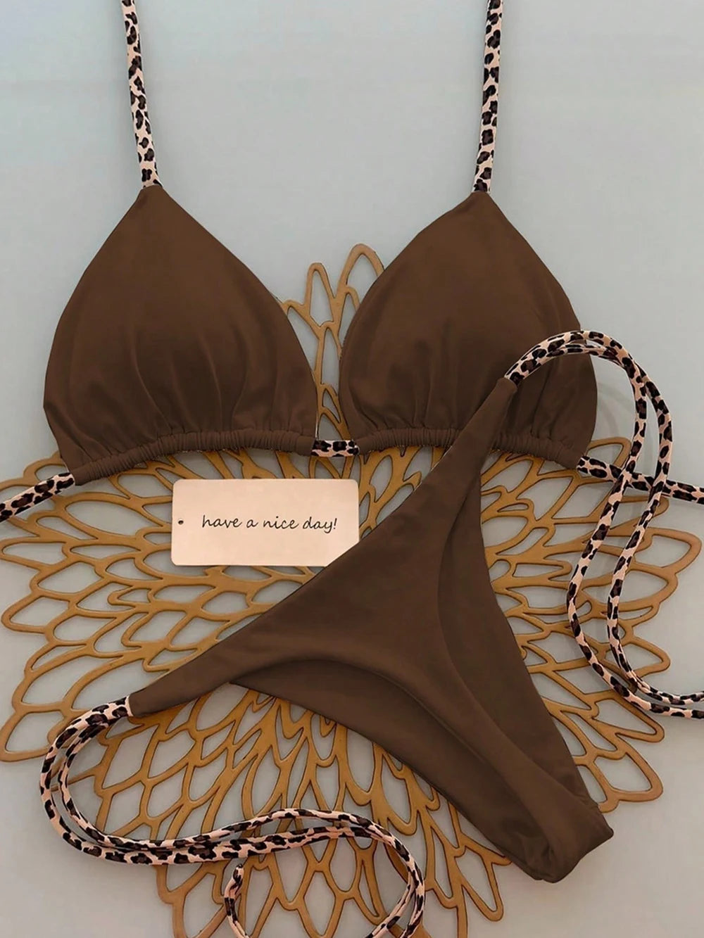 Women's Sexy Solid Halter Bikini Set Lace-Up Low Waist Two-Piece Triangle Thong Swimwear Leopard Tie On Side Brazilian Biquinis