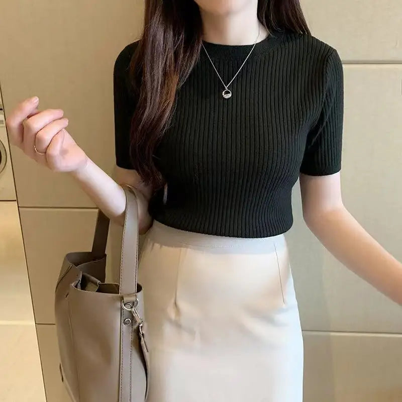 Knitted Sweater Women Pullovers New Black Short Sleeve Sueters De Mujer Knit Sweater Pullover Women Tops O-Neck Knitwears Q3426