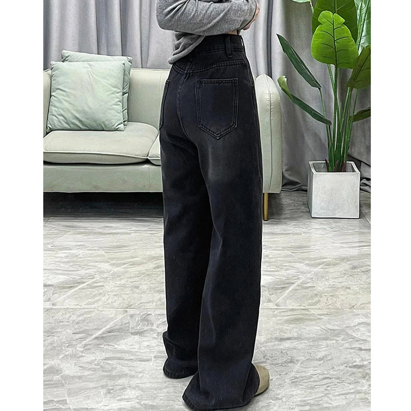 Loose Wide Leg Jeans Women's High Waist Straight Leg Jeans Casual Style Anti-Wrinkle Comfortable Fit for Pear Shaped Body