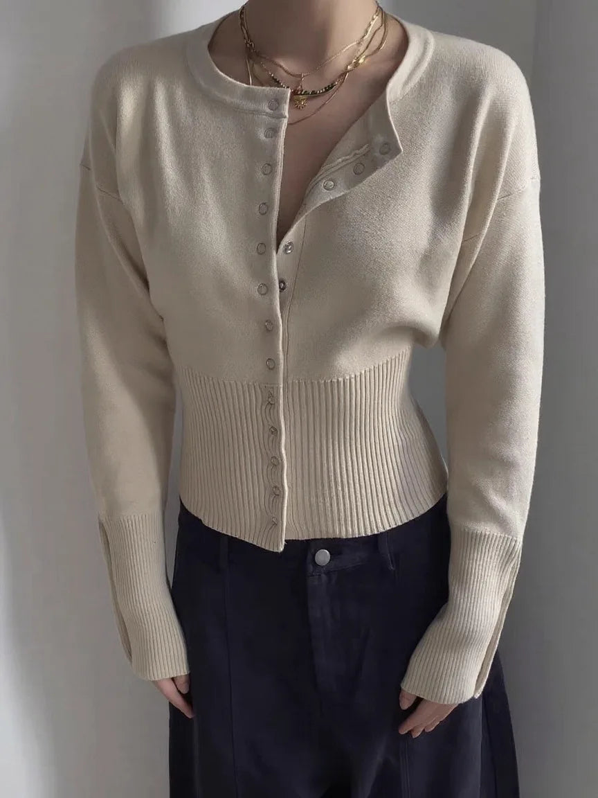 Women Knitted Cardigan Sweaters Solid Short Jumpers Round Neck Long Sleeves Single Breasted Empire Waist Slim 2026 Autumn Winter