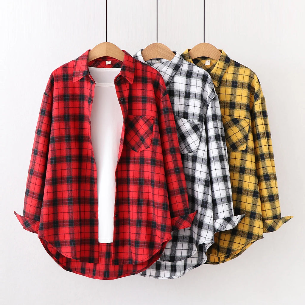 Fresh Flannel Plaid Shirt Women 2026 New Female Blouses and Tops Cotton Loose Long Sleeve Casual Shirts Fine Women's Clothes