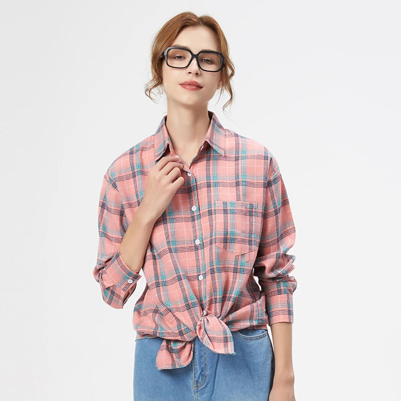 Fresh Flannel Plaid Shirt Women 2026 New Female Blouses and Tops Cotton Loose Long Sleeve Casual Shirts Fine Women's Clothes