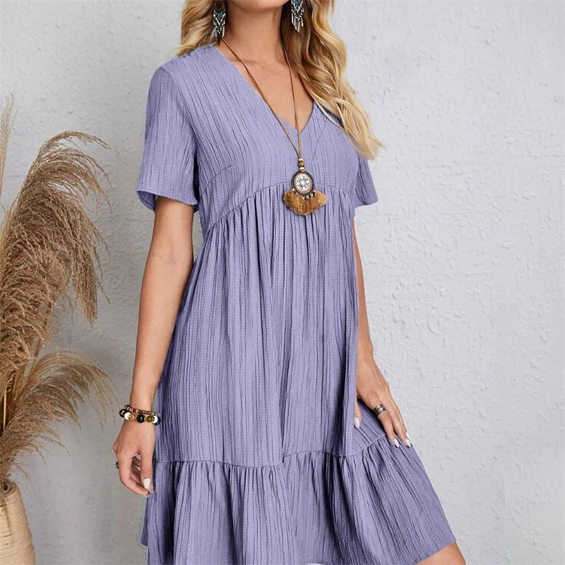 Women Vintage Mini Dresses Summer Solid Casual V Neck Ruffles Dress Ladies Boho Loose Beach Party Elegant Dress Vestidos DF4912