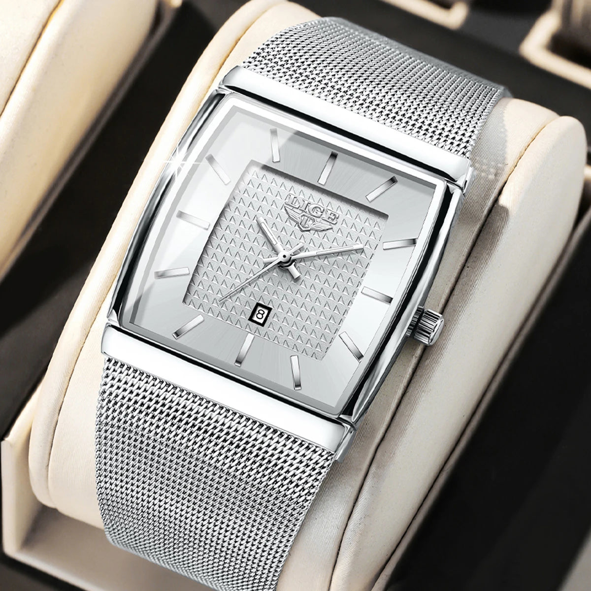 LIGE New Luxury Square Watch For Men Fashion Business Rose Gold Ultra Thin Mesh Waterproof Luminous Men's Quartz Wristwatches