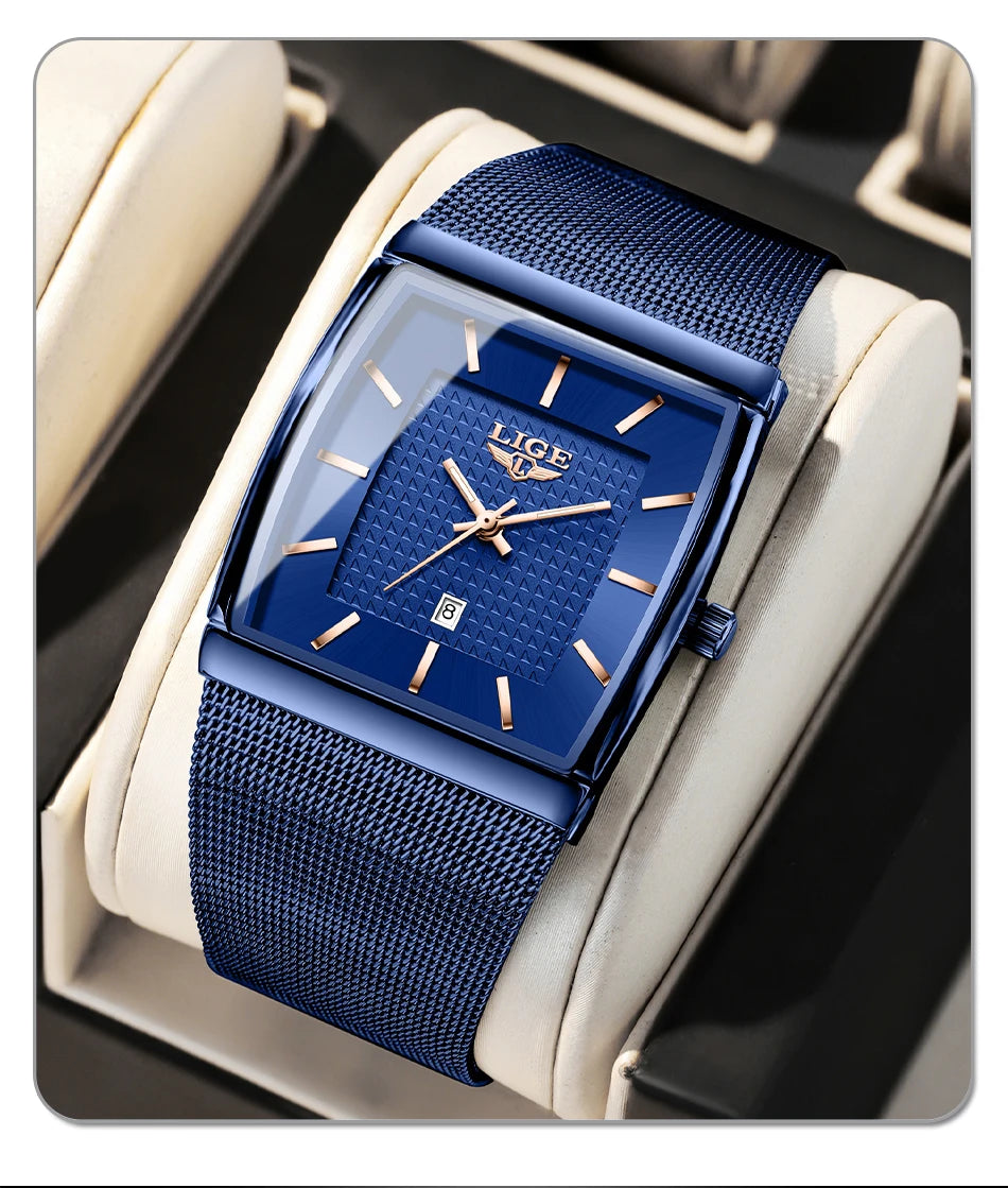 LIGE Top Luxury Watch For Men Stainless Steel Mesh Date Waterproof Luminous Man Wristwatch Casual Rectangle Quartz Men's Watches