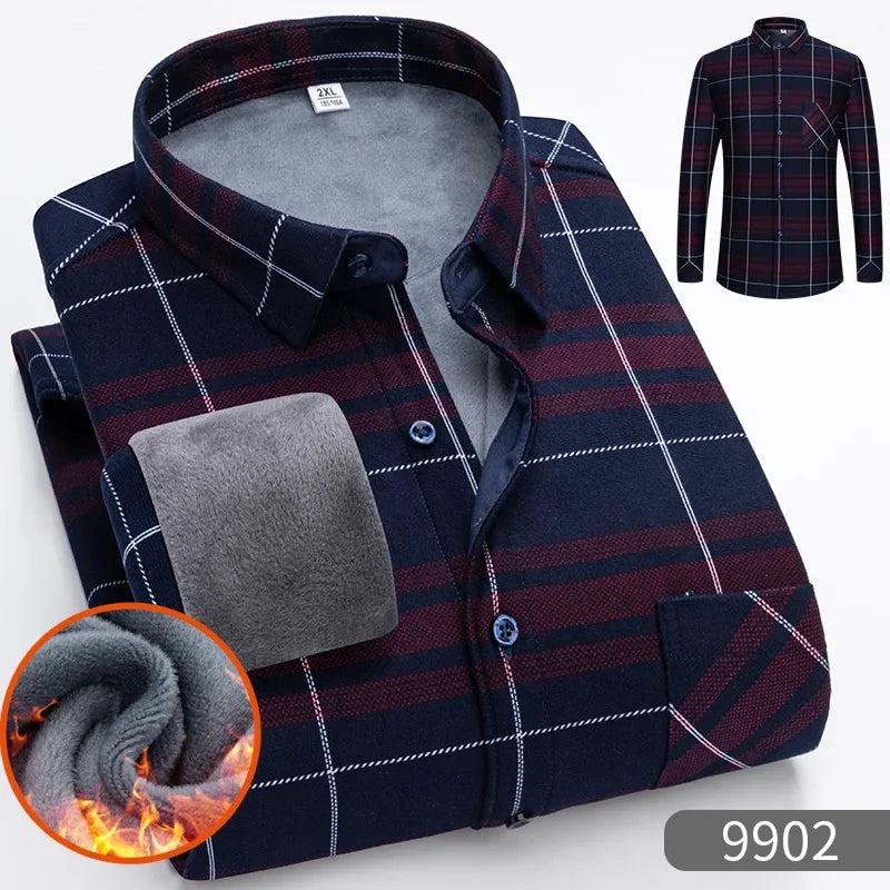 New 2025 Men's Warm Long Sleeve Plaid Design Shirt Autumn Winter Fleece and Thick Warm Men's Casual Shirts Large Size Shirt 5XL