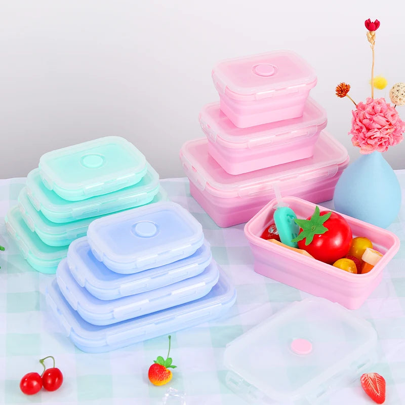 Katlanabilir Silikon Saklama Kabı 4'lü Set | Kapakalı | BPA İçermez | Bento Kutusu