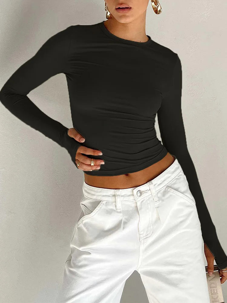 Moda Kadın Tişört Uzun Kollu Bisiklet Yaka Düz Renk Dar Kesim Bayan Crop Top Günlük Sokak Giyimi Yazlık Atlet Başparmak Delikli
