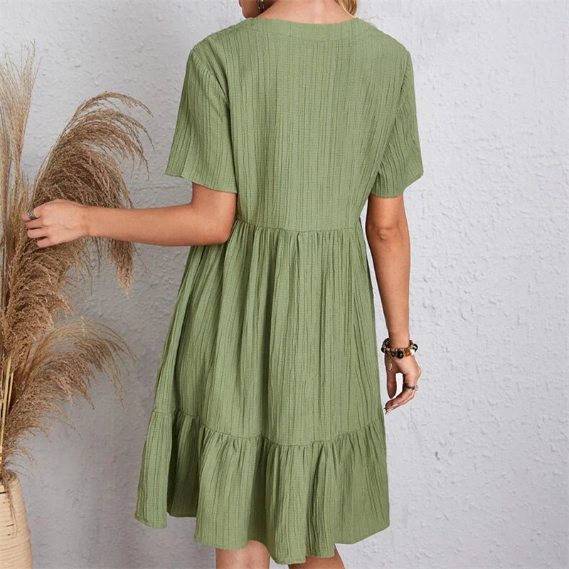 Women Vintage Mini Dresses Summer Solid Casual V Neck Ruffles Dress Ladies Boho Loose Beach Party Elegant Dress Vestidos DF4912