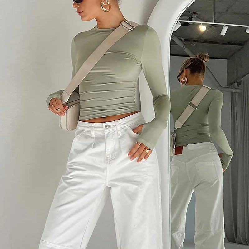 Moda Kadın Tişört Uzun Kollu Bisiklet Yaka Düz Renk Dar Kesim Bayan Crop Top Günlük Sokak Giyimi Yazlık Atlet Başparmak Delikli