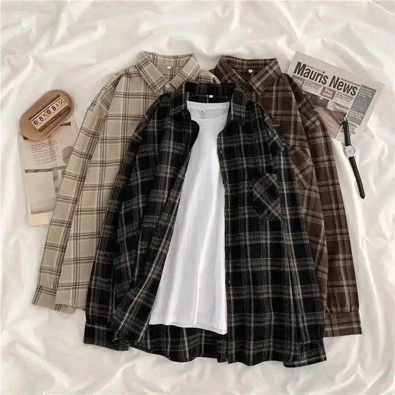 Plaid shirt women long sleeve retro port taste loose size women Korean version of the spring wear student jacket