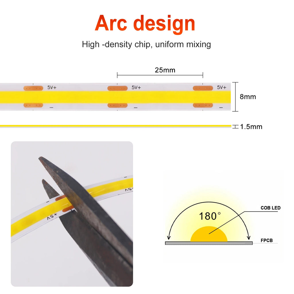 USB COB Strip Light 5V | 320 LED/m | Flexible Adhesive Tape | TV Backlighting