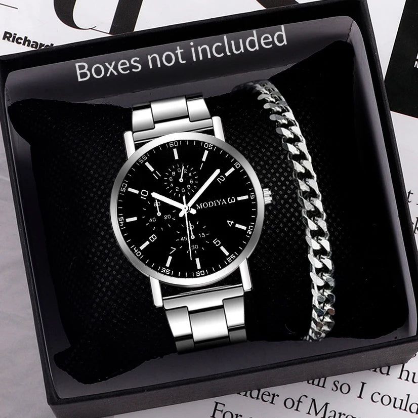 2PCS Men's Watch Casual Silver Alloy Band Male Quartz Watches Bracelet Set（Without Box）