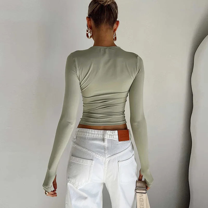 Moda Kadın Tişört Uzun Kollu Bisiklet Yaka Düz Renk Dar Kesim Bayan Crop Top Günlük Sokak Giyimi Yazlık Atlet Başparmak Delikli