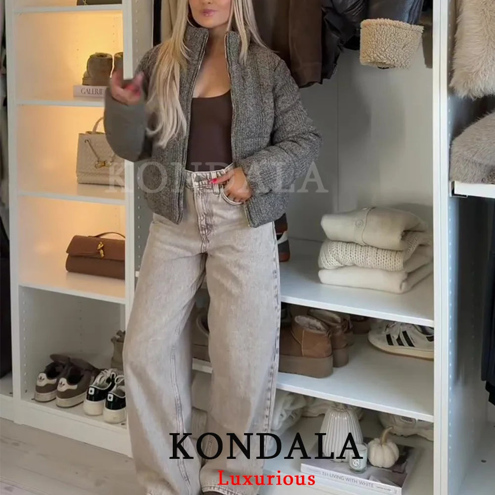 KONDALA Casual Knit Padded Coats Long Sleeve Zipper Pockets Thick Warm Jackets Fashion 2025 Autumn Winter Streetwear Outwears