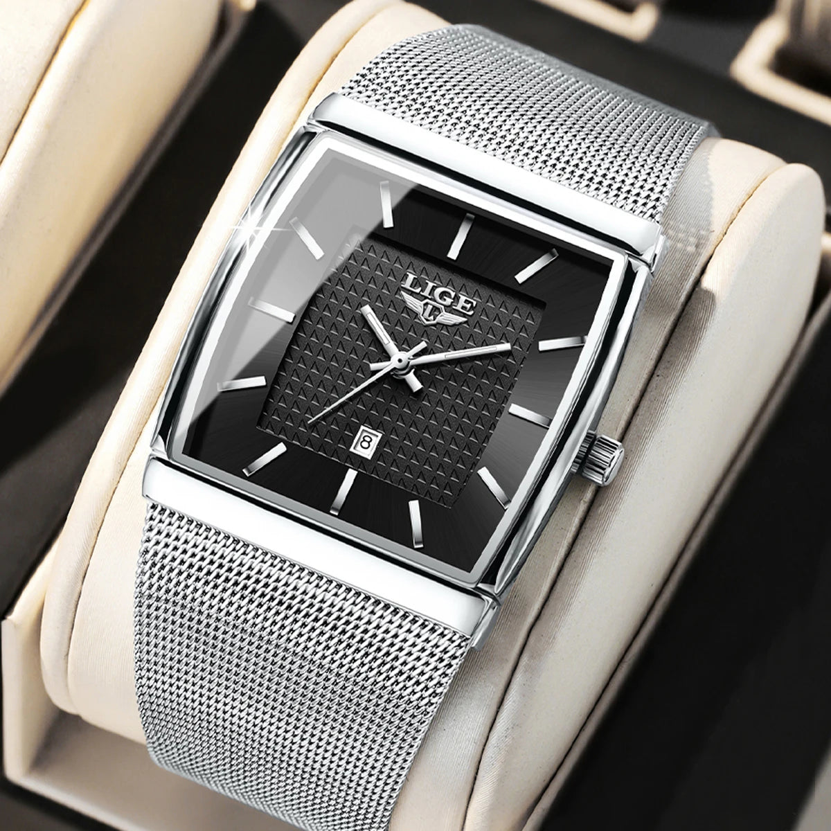 LIGE New Luxury Square Watch For Men Fashion Business Rose Gold Ultra Thin Mesh Waterproof Luminous Men's Quartz Wristwatches