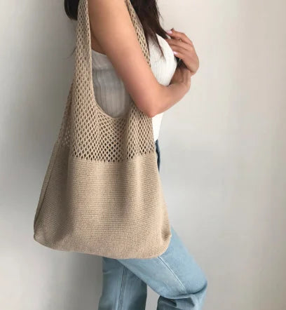 Retro Knitted Handbag | Crochet | Women's Tote Bag | Black White Khaki