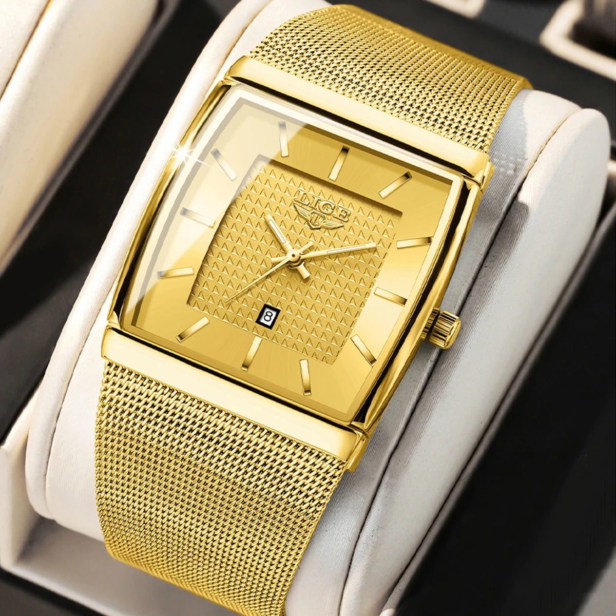 LIGE New Luxury Square Watch For Men Fashion Business Rose Gold Ultra Thin Mesh Waterproof Luminous Men's Quartz Wristwatches