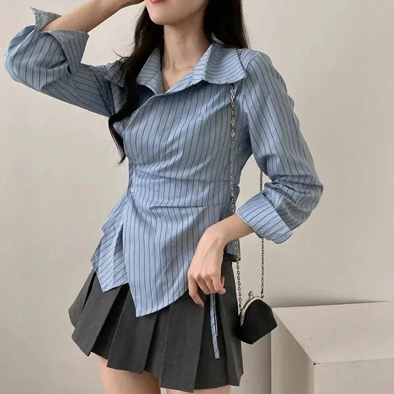 Korean Fashion Striped Shirts Women Long Sleeve Vintage Blouse Women Aesthetic Office Lady Irregular 2000s Female Tops New