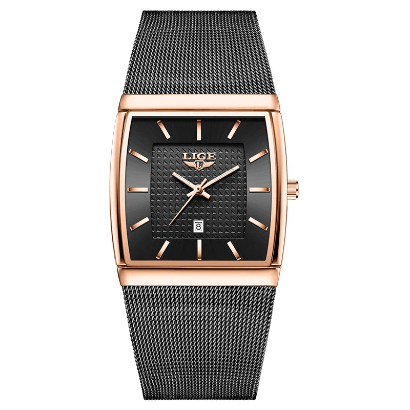 LIGE Top Luxury Watch For Men Stainless Steel Mesh Date Waterproof Luminous Man Wristwatch Casual Rectangle Quartz Men's Watches