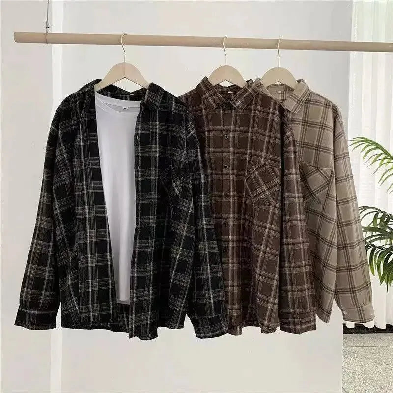 Plaid shirt women long sleeve retro port taste loose size women Korean version of the spring wear student jacket