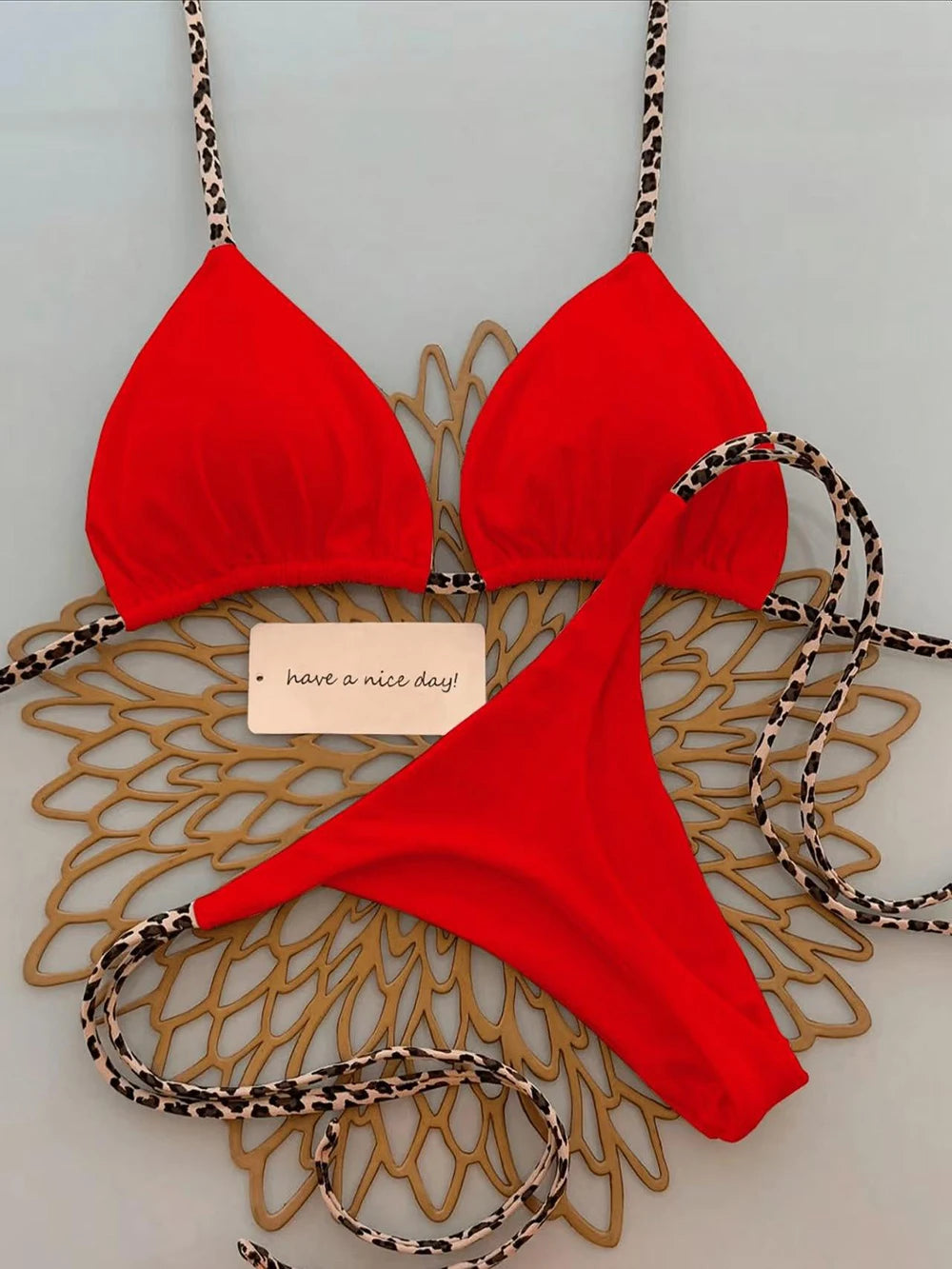 Women's Sexy Solid Halter Bikini Set Lace-Up Low Waist Two-Piece Triangle Thong Swimwear Leopard Tie On Side Brazilian Biquinis