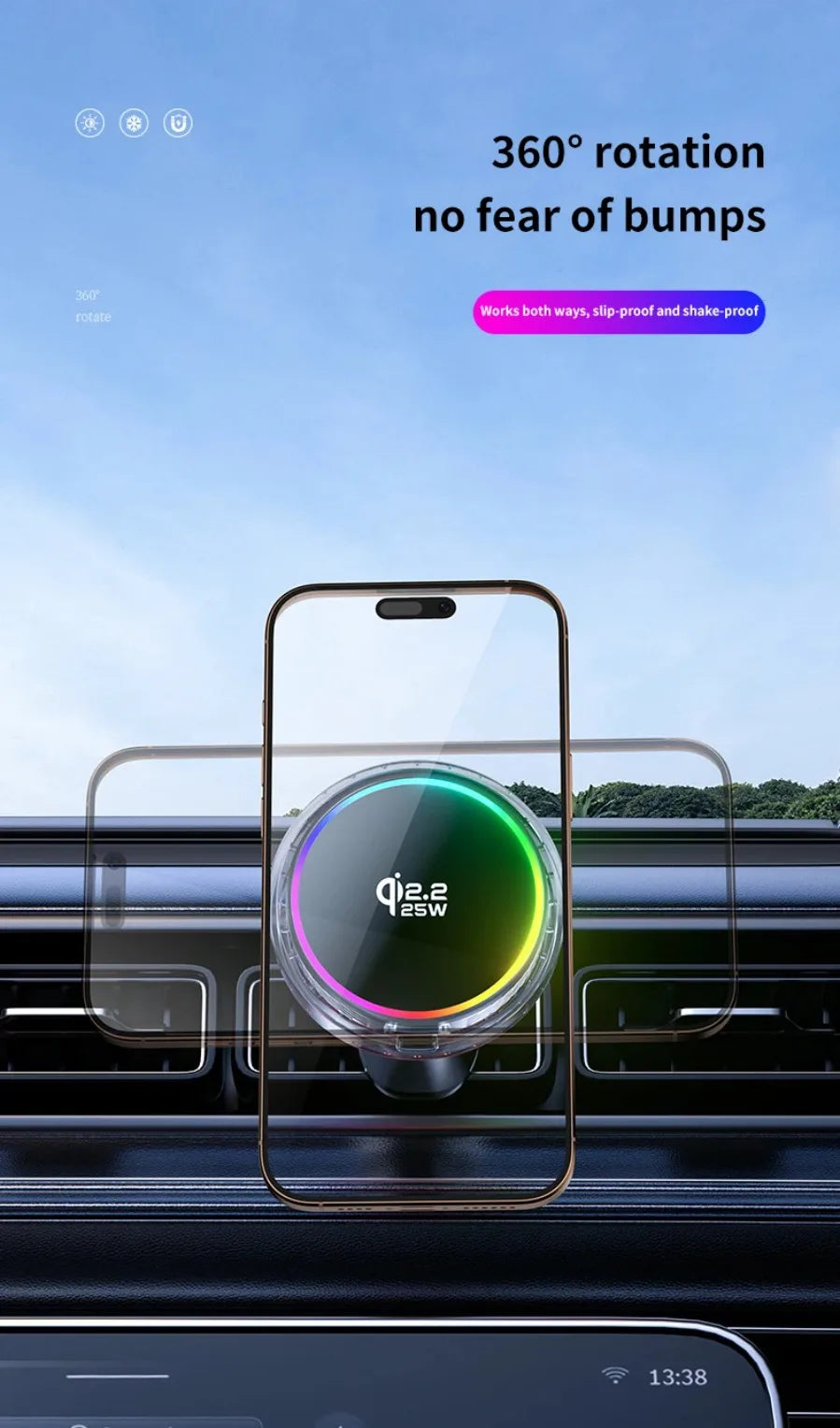 Qi2 25W Manyetik Araç İçi Kablosuz Şarj | RGB Aydınlatma | iPhone MagSafe Uyumlu