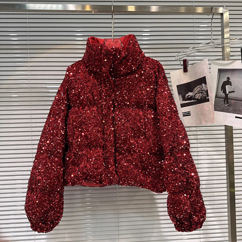 DEAT 2025 Winter New Fashion Heavy Industry Colorful Sequin Stand Collar Warm Jacket For Women Cotton-padded Coat 11A07258