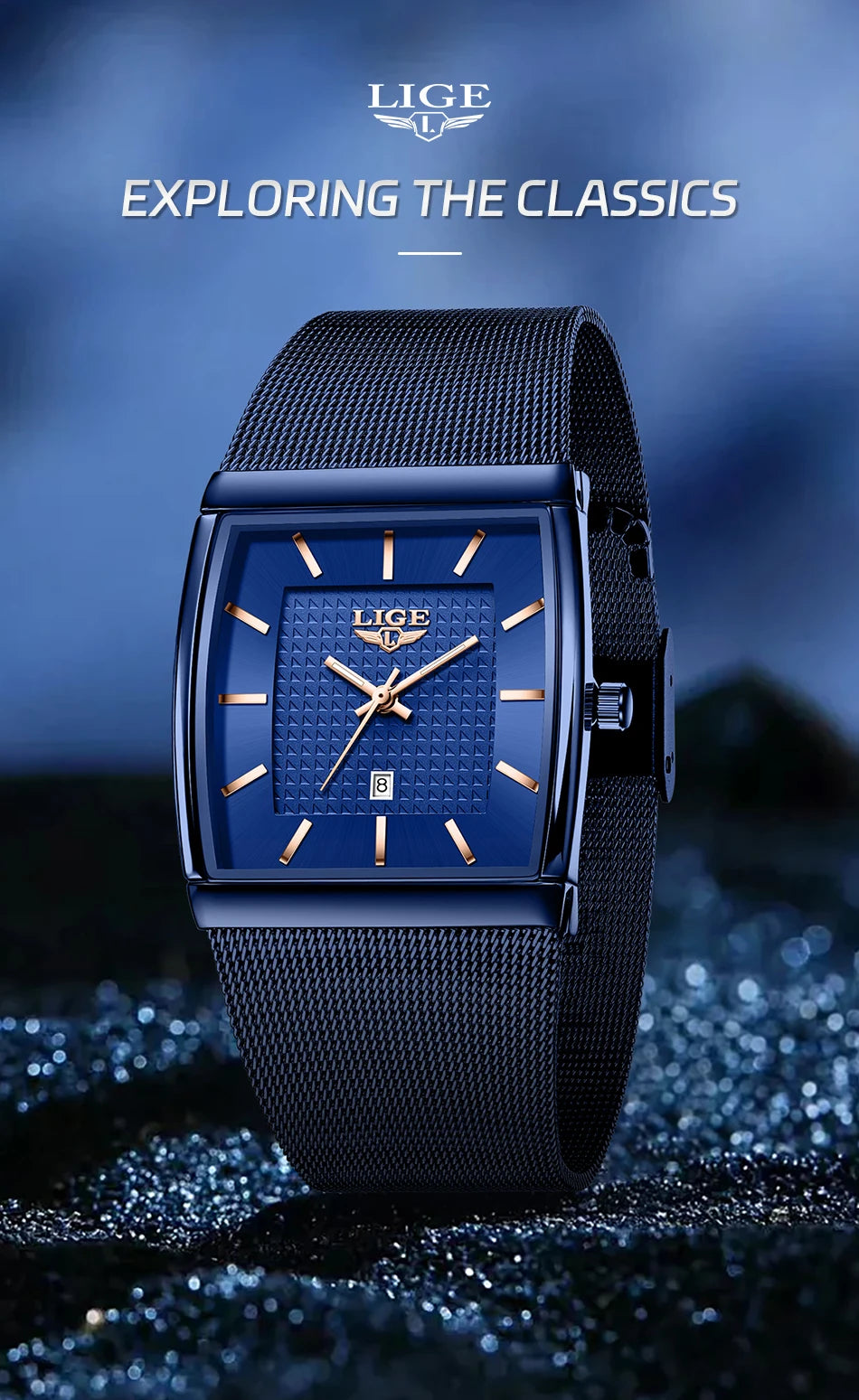 LIGE Top Luxury Watch For Men Stainless Steel Mesh Date Waterproof Luminous Man Wristwatch Casual Rectangle Quartz Men's Watches