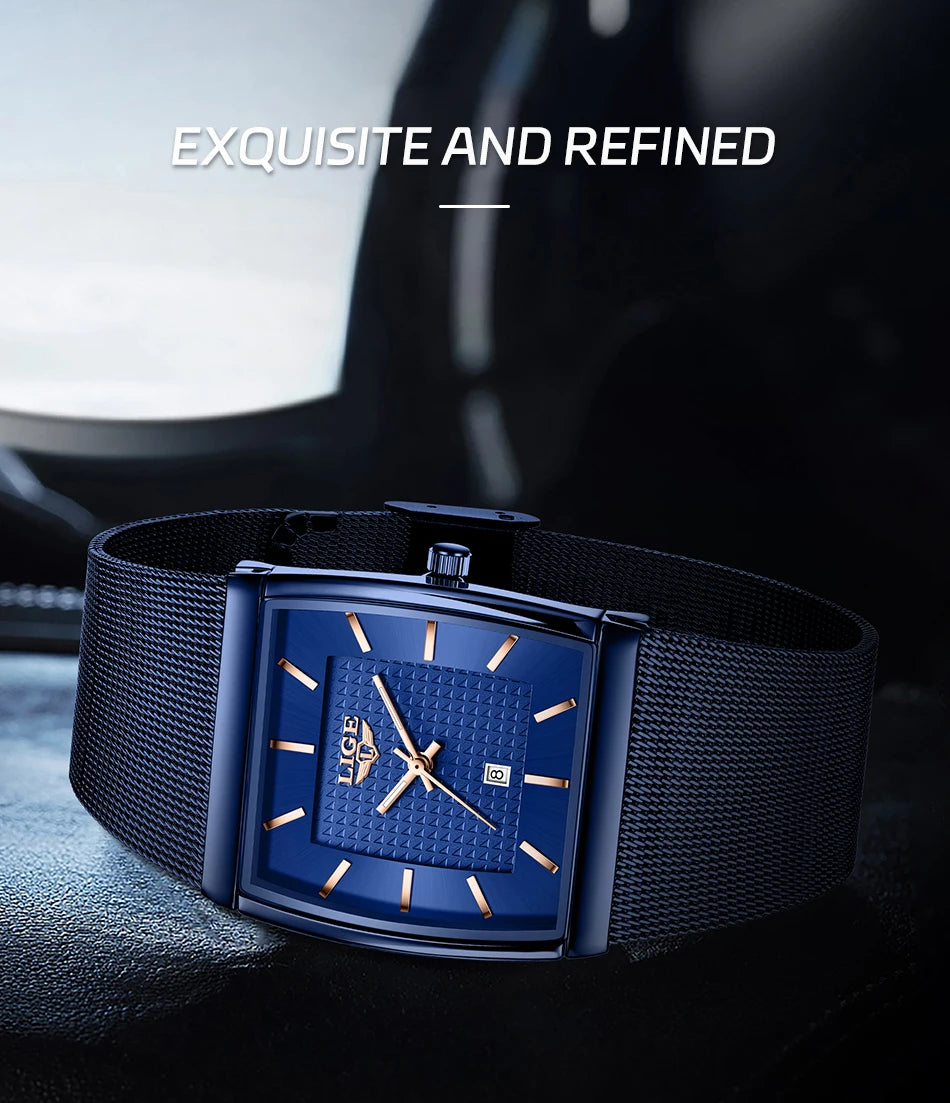 LIGE Top Luxury Watch For Men Stainless Steel Mesh Date Waterproof Luminous Man Wristwatch Casual Rectangle Quartz Men's Watches