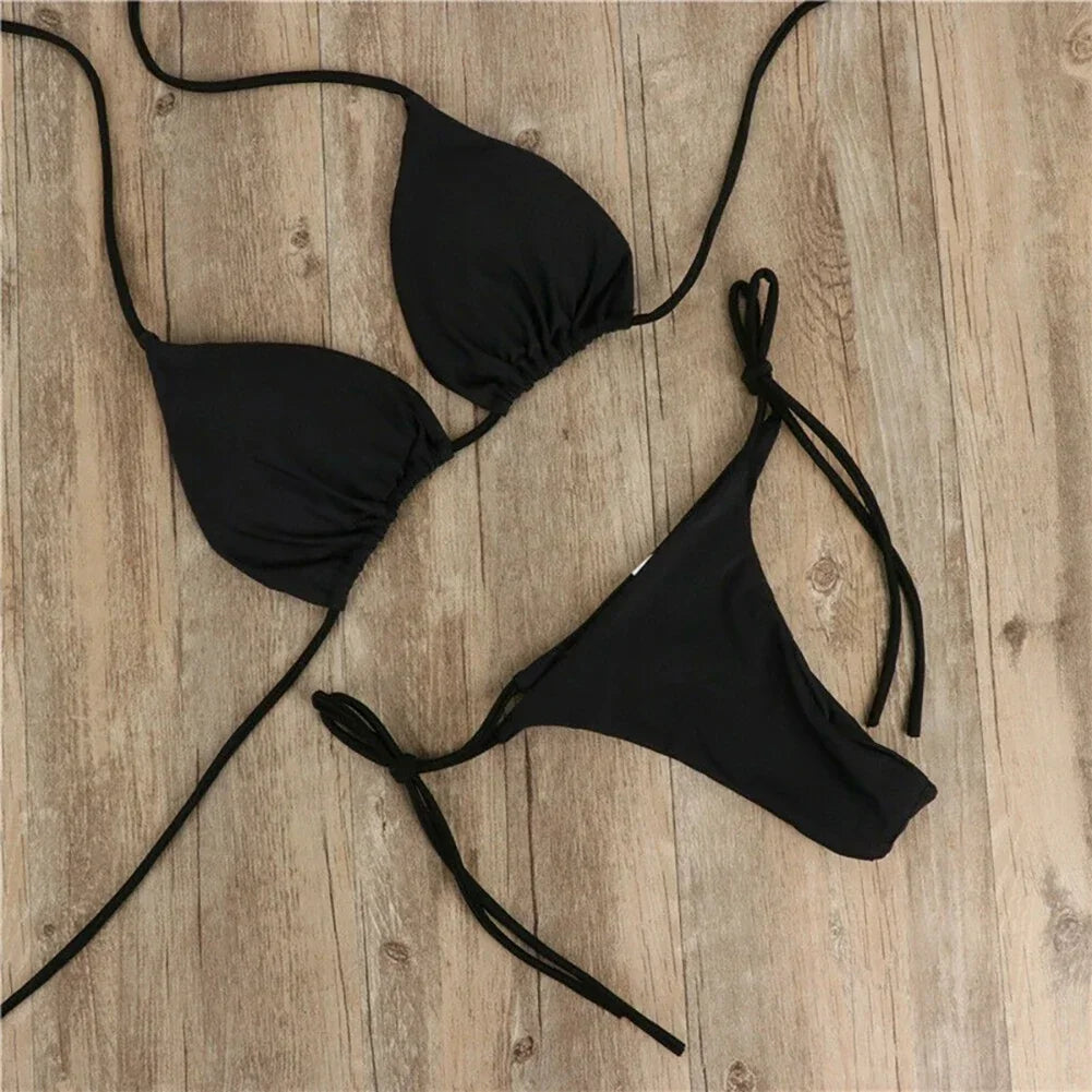 Solid Color Hanging Neck Style Lace-Up Bikini Women's Sexy Split Binding Triangle Beach Swimsuit No Steel Bracket No Chest Pad