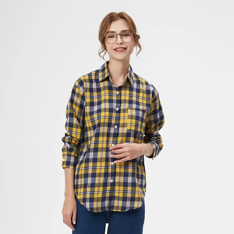 Fresh Flannel Plaid Shirt Women 2026 New Female Blouses and Tops Cotton Loose Long Sleeve Casual Shirts Fine Women's Clothes