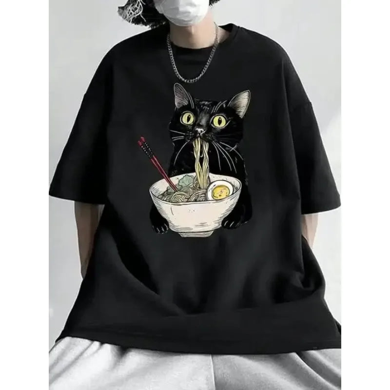 Noodle Lamian Noodles Cat T-shirt Food Lover T-shirt Black Cat Noodle Printed Men's and Women's T-shirt Vintage Casual T-shirt