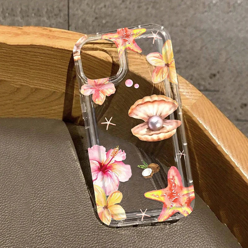 Pink Tropical Flower Starfish Shell Patterns Airbag Phone Case For iPhone 17 16 15 14 13 12 11 Pro Max XS XR 7 8 Plus 16E Cover