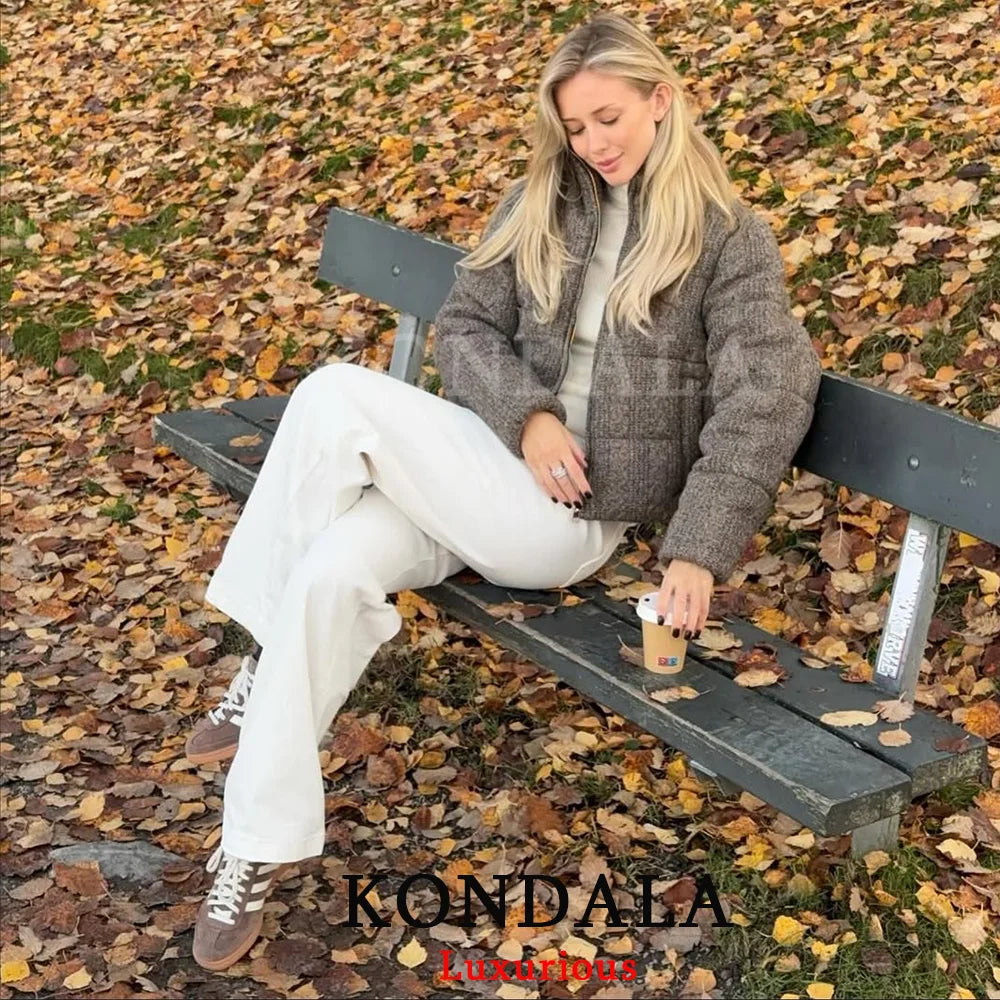 KONDALA Casual Knit Padded Coats Long Sleeve Zipper Pockets Thick Warm Jackets Fashion 2025 Autumn Winter Streetwear Outwears