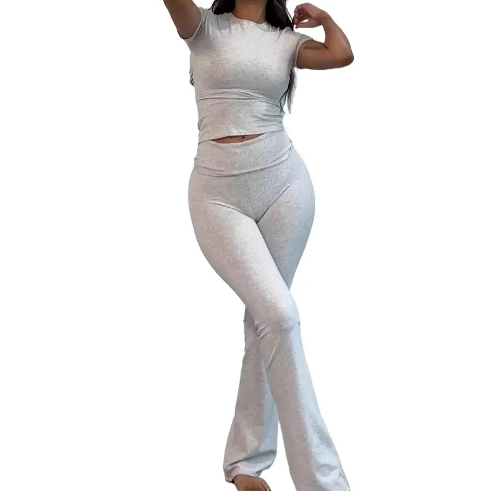 Women Chic Sets Two 2 Pcs Sale Sexy O-Neck Slim Long Sleeve Cropped Tshirt&High Elastic Waist Fitness Full Pant Suits MSJFZ-9052