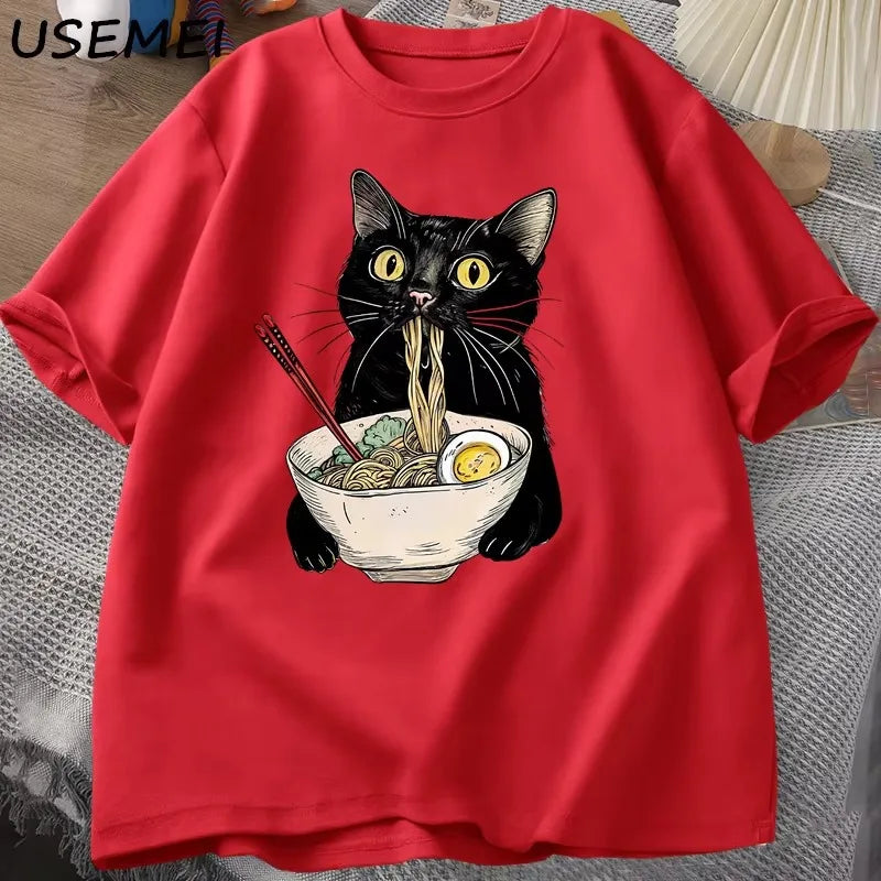 Noodle Lamian Noodles Cat T-shirt Food Lover T-shirt Black Cat Noodle Printed Men's and Women's T-shirt Vintage Casual T-shirt