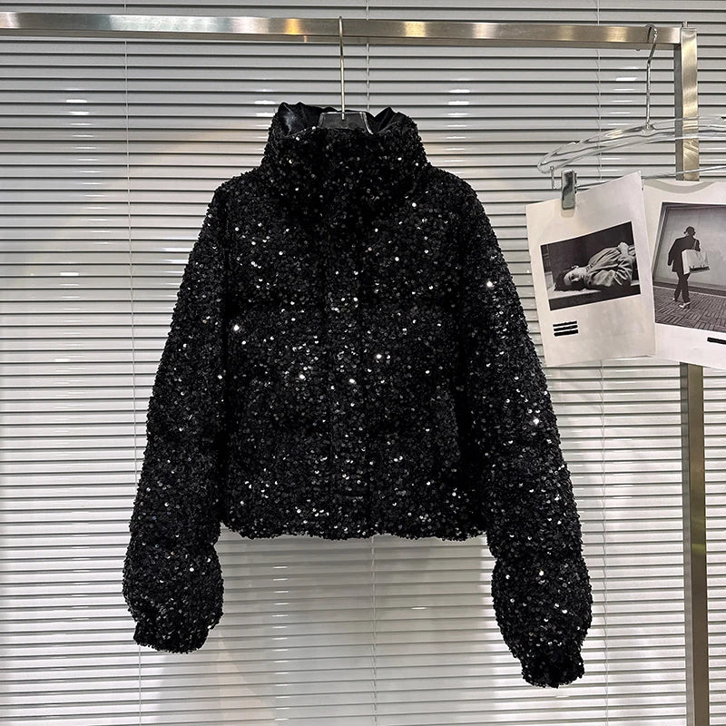 DEAT 2025 Winter New Fashion Heavy Industry Colorful Sequin Stand Collar Warm Jacket For Women Cotton-padded Coat 11A07258