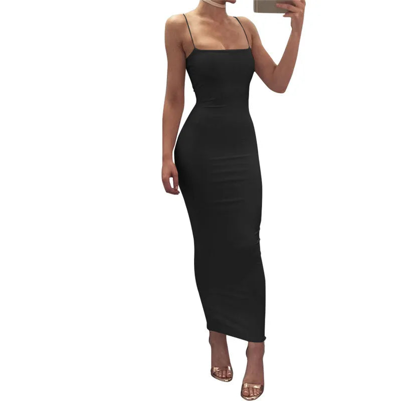Seksi Sırt Açık Askılı Bodycon Maxi Parti Elbisesi - Y2K Vintage Siyah