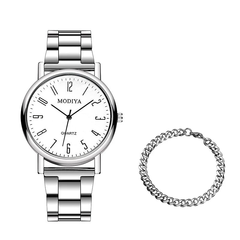 2PCS Men's Watch Casual Silver Alloy Band Male Quartz Watches Bracelet Set（Without Box）