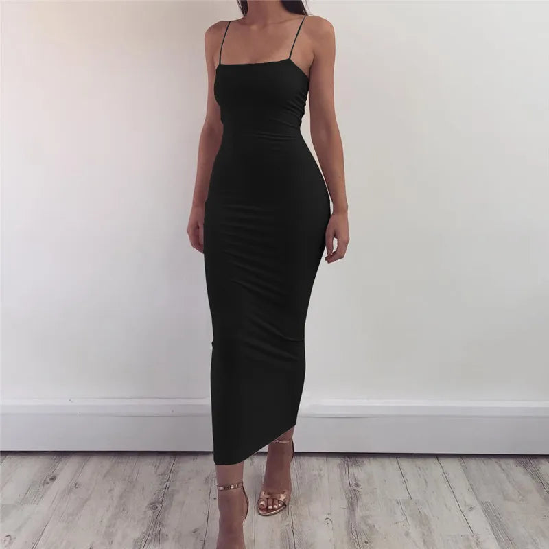 Seksi Sırt Açık Askılı Bodycon Maxi Parti Elbisesi - Y2K Vintage Siyah