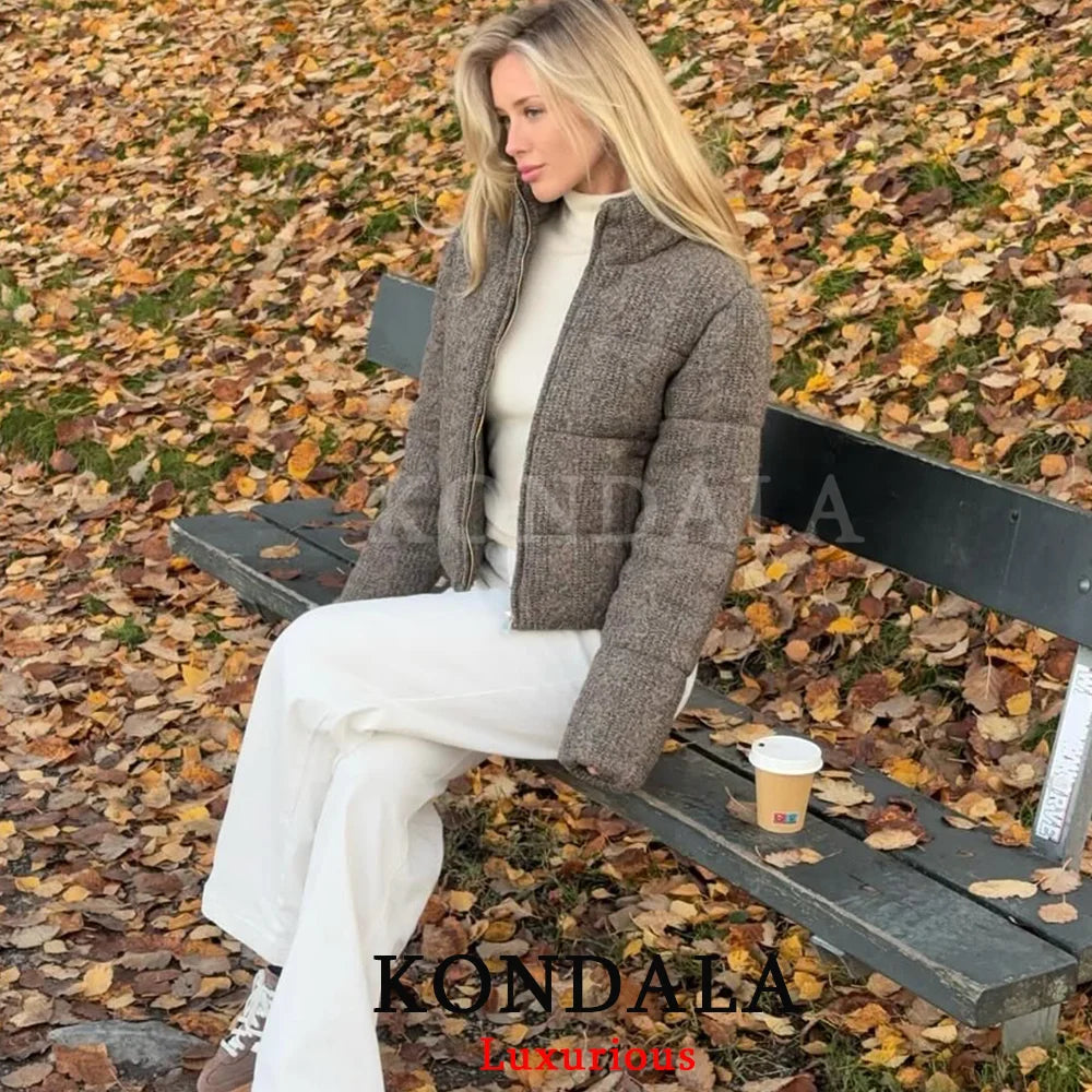 KONDALA Casual Knit Padded Coats Long Sleeve Zipper Pockets Thick Warm Jackets Fashion 2025 Autumn Winter Streetwear Outwears