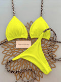 Women's Sexy Solid Halter Bikini Set Lace-Up Low Waist Two-Piece Triangle Thong Swimwear Leopard Tie On Side Brazilian Biquinis