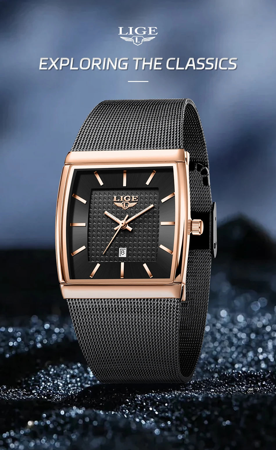 LIGE New Luxury Square Watch For Men Fashion Business Rose Gold Ultra Thin Mesh Waterproof Luminous Men's Quartz Wristwatches