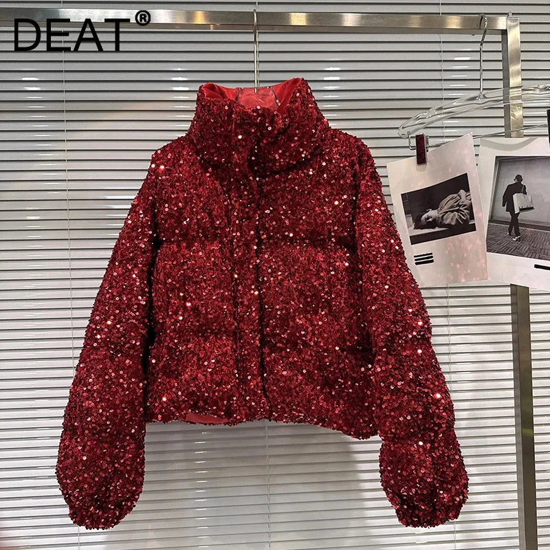 DEAT 2025 Winter New Fashion Heavy Industry Colorful Sequin Stand Collar Warm Jacket For Women Cotton-padded Coat 11A07258