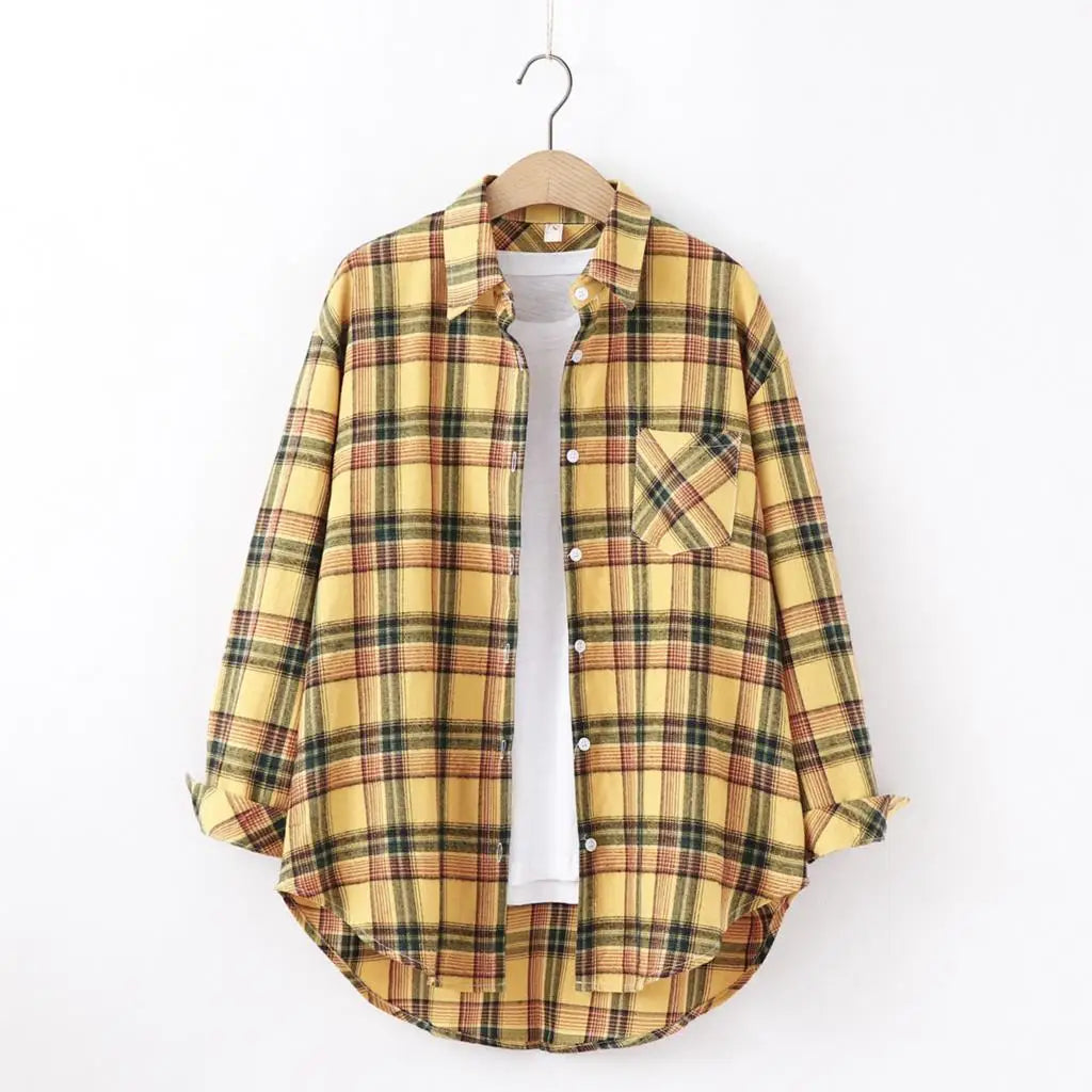 Fresh Flannel Plaid Shirt Women 2026 New Female Blouses and Tops Cotton Loose Long Sleeve Casual Shirts Fine Women's Clothes