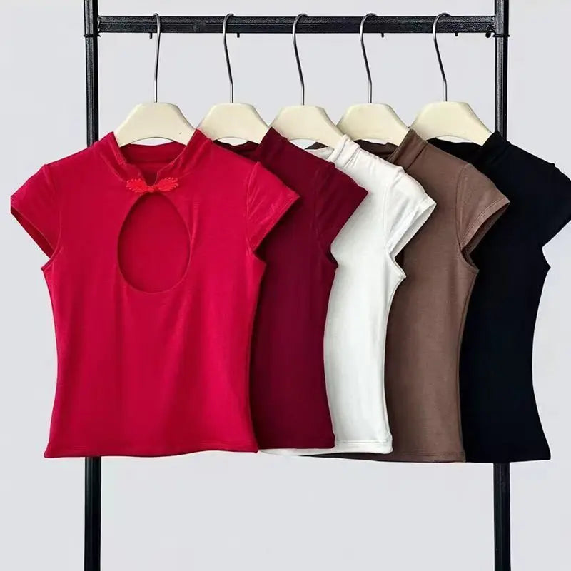 Sexy spicy girl hollowed out coffee colored short sleeved T-shirt for women in spring, slim fit and versatile short top