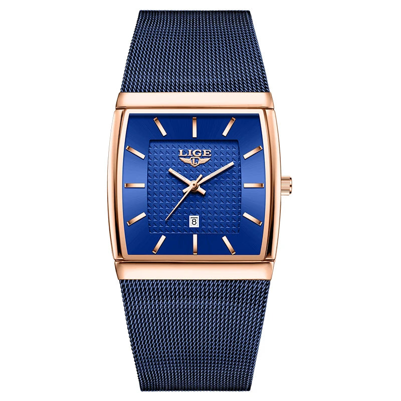 LIGE Top Luxury Watch For Men Stainless Steel Mesh Date Waterproof Luminous Man Wristwatch Casual Rectangle Quartz Men's Watches
