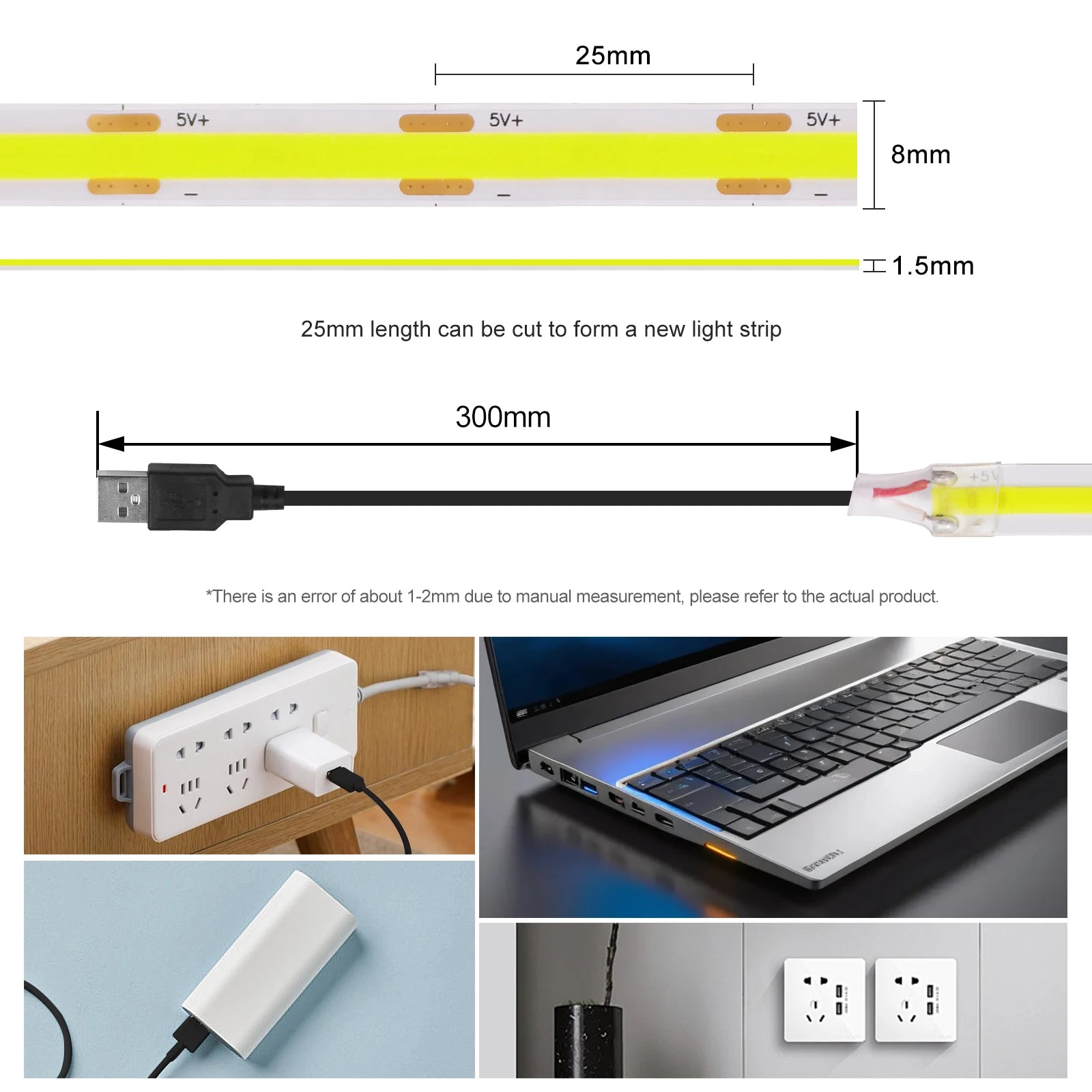 USB COB Strip Light 5V | 320 LED/m | Flexible Adhesive Tape | TV Backlighting