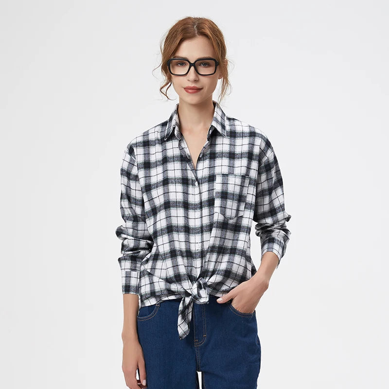 Fresh Flannel Plaid Shirt Women 2026 New Female Blouses and Tops Cotton Loose Long Sleeve Casual Shirts Fine Women's Clothes
